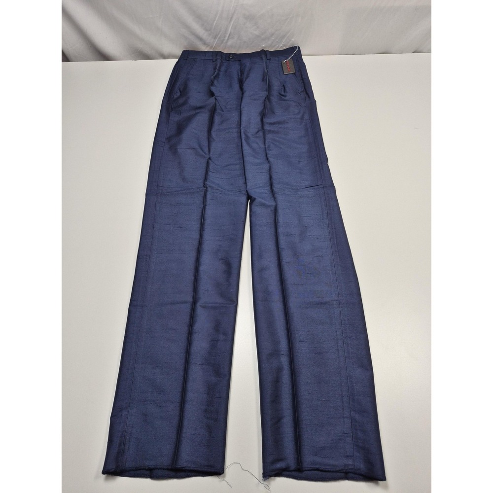 Feldini Dress Pants Mens 33x37 Blue Silk Satin Pleated Straight Unhemmed NWT